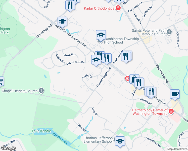 map of restaurants, bars, coffee shops, grocery stores, and more near 1 Windsor Court in Washington Township