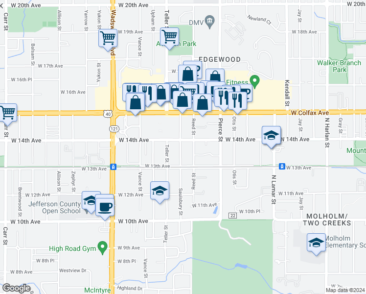 map of restaurants, bars, coffee shops, grocery stores, and more near 1360 Saulsbury Street in Lakewood