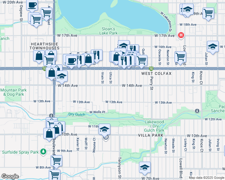 map of restaurants, bars, coffee shops, grocery stores, and more near 1368 Utica Street in Denver