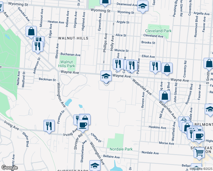 map of restaurants, bars, coffee shops, grocery stores, and more near 2615 Wayne Avenue in Dayton