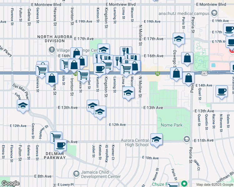 map of restaurants, bars, coffee shops, grocery stores, and more near 1380 Lansing Street in Aurora