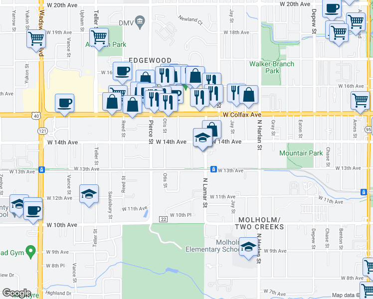 map of restaurants, bars, coffee shops, grocery stores, and more near 6524 West 14th Avenue in Lakewood