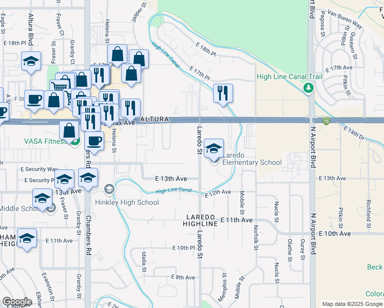 map of restaurants, bars, coffee shops, grocery stores, and more near 15991 East 13th Place in Aurora