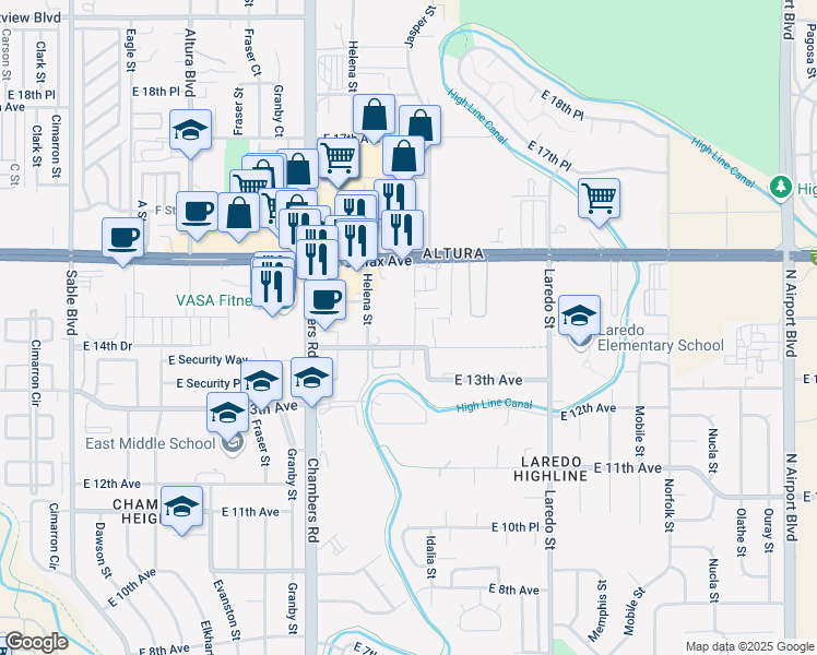 map of restaurants, bars, coffee shops, grocery stores, and more near 15571 East 13th Avenue in Aurora