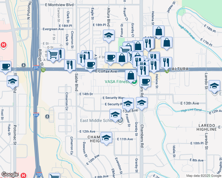 map of restaurants, bars, coffee shops, grocery stores, and more near 14895 East Security Way in Aurora
