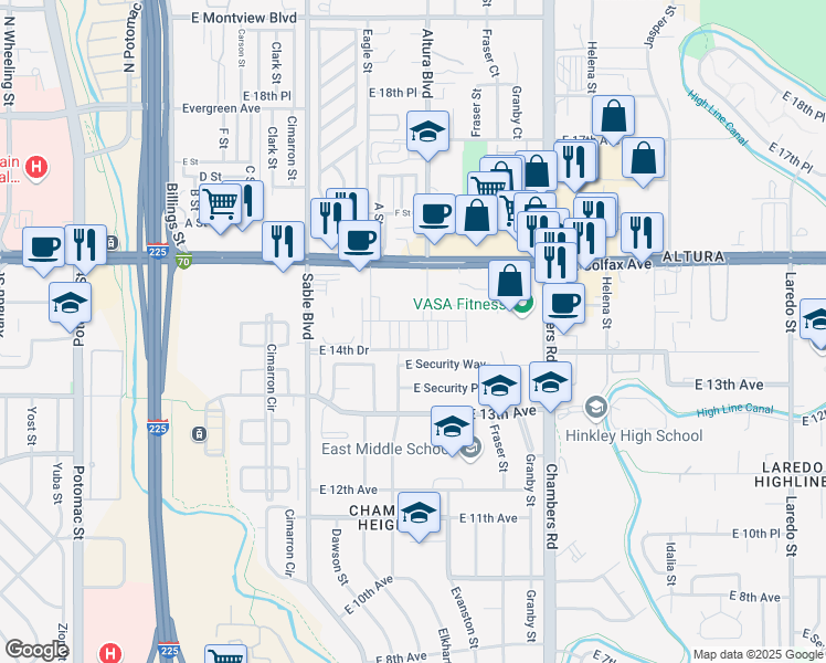 map of restaurants, bars, coffee shops, grocery stores, and more near 14753 East Security Way in Aurora