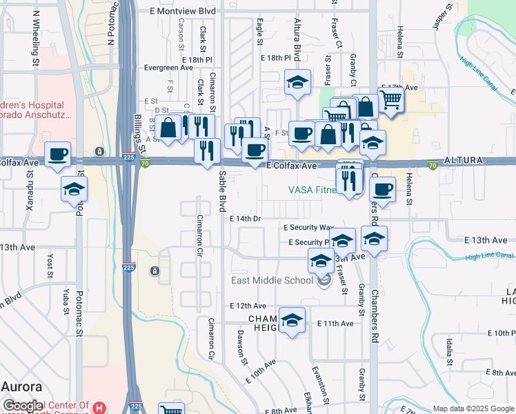 map of restaurants, bars, coffee shops, grocery stores, and more near 14665 East 13th Circle in Aurora