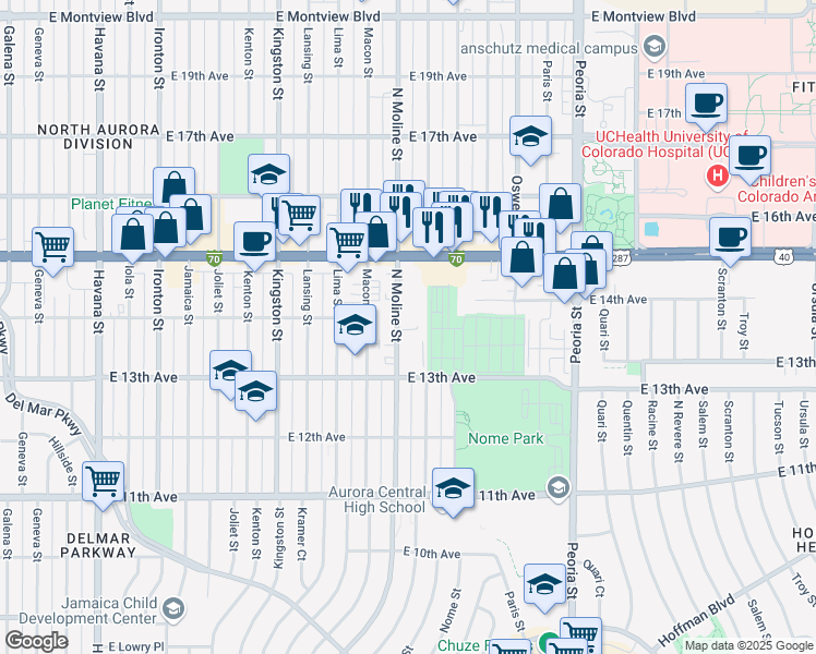 map of restaurants, bars, coffee shops, grocery stores, and more near 1380 Moline Street in Aurora