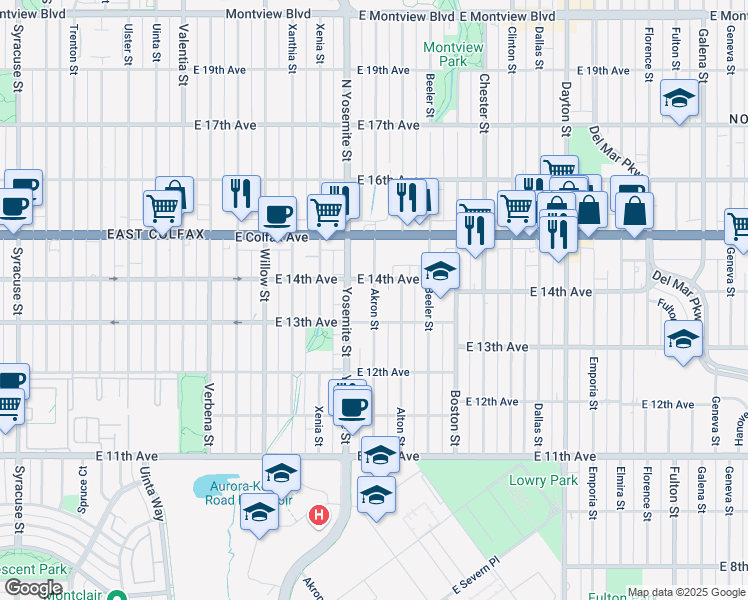 map of restaurants, bars, coffee shops, grocery stores, and more near 1365 Alton Street in Aurora