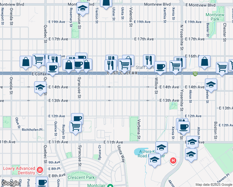 map of restaurants, bars, coffee shops, grocery stores, and more near in Denver