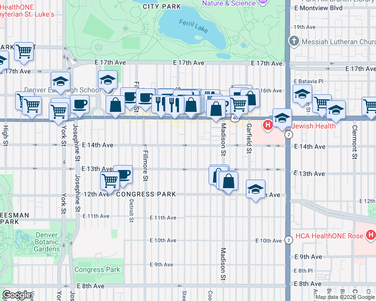 map of restaurants, bars, coffee shops, grocery stores, and more near in Denver