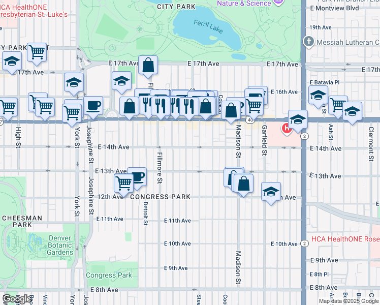 map of restaurants, bars, coffee shops, grocery stores, and more near 1362 Saint Paul Street in Denver