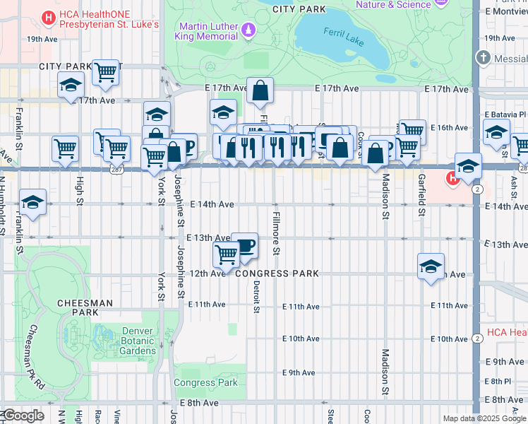 map of restaurants, bars, coffee shops, grocery stores, and more near 1380 Detroit Street in Denver