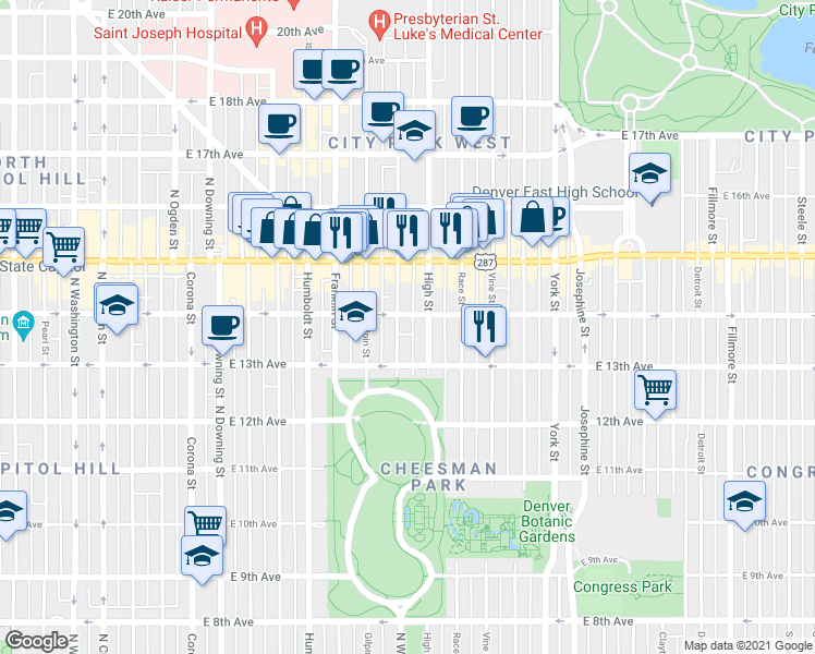 map of restaurants, bars, coffee shops, grocery stores, and more near in Denver