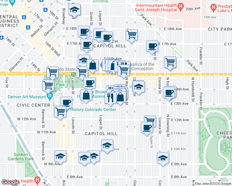 map of restaurants, bars, coffee shops, grocery stores, and more near 522 East 14th Avenue in Denver
