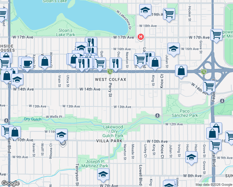 map of restaurants, bars, coffee shops, grocery stores, and more near 1374 Perry Street in Denver