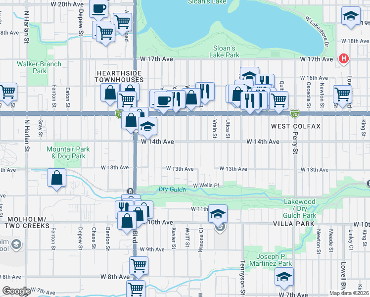 map of restaurants, bars, coffee shops, grocery stores, and more near 1376 Xavier Street in Denver