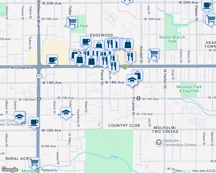 map of restaurants, bars, coffee shops, grocery stores, and more near 1370 Otis Street in Lakewood