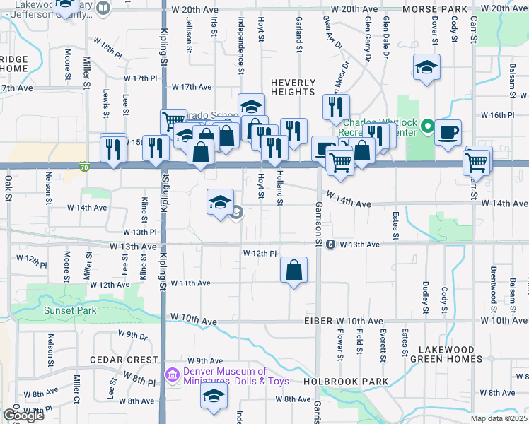 map of restaurants, bars, coffee shops, grocery stores, and more near 1390 Hoyt Street in Lakewood