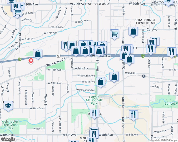 map of restaurants, bars, coffee shops, grocery stores, and more near 11770 West 14th Avenue in Lakewood