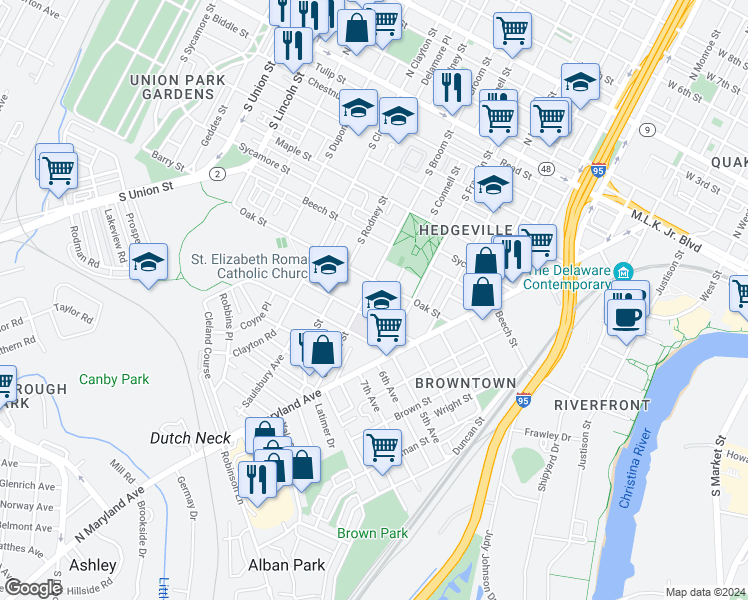 map of restaurants, bars, coffee shops, grocery stores, and more near 824 South Broom Street in Wilmington