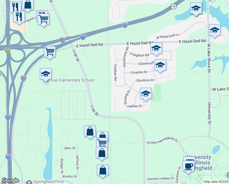 map of restaurants, bars, coffee shops, grocery stores, and more near 4201 Pickfair Road in Springfield