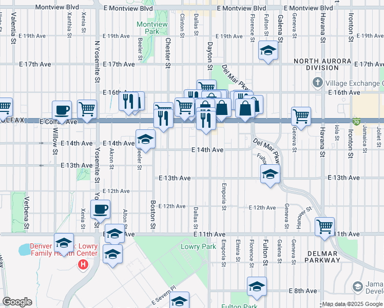 map of restaurants, bars, coffee shops, grocery stores, and more near 1395 Dallas St in Aurora