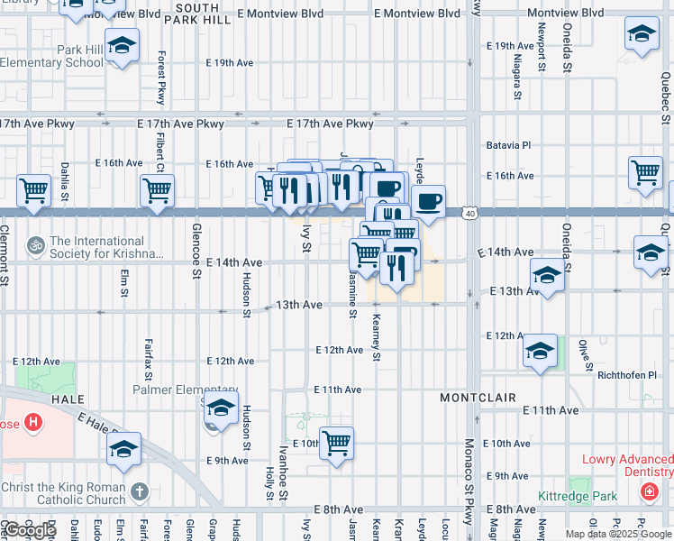 map of restaurants, bars, coffee shops, grocery stores, and more near 1380 Jersey Street in Denver