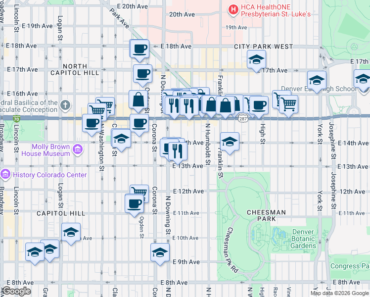 map of restaurants, bars, coffee shops, grocery stores, and more near 1362 North Marion Street in Denver