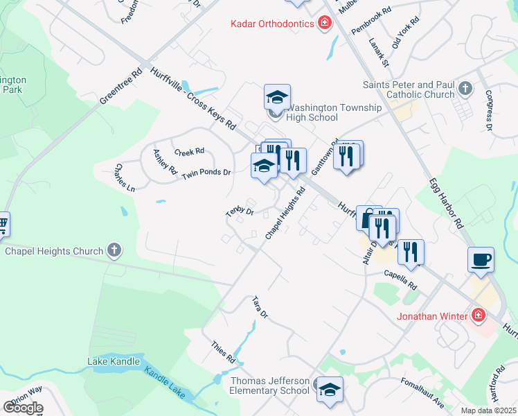 map of restaurants, bars, coffee shops, grocery stores, and more near 3 Windsor Court in Washington Township