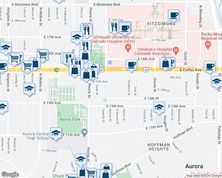 map of restaurants, bars, coffee shops, grocery stores, and more near 1360 Racine Street in Aurora