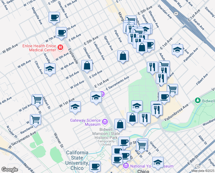 map of restaurants, bars, coffee shops, grocery stores, and more near 252 East Sacramento Avenue in Chico
