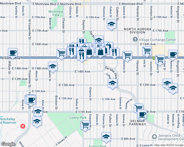 map of restaurants, bars, coffee shops, grocery stores, and more near 1380 Emporia Street in Aurora