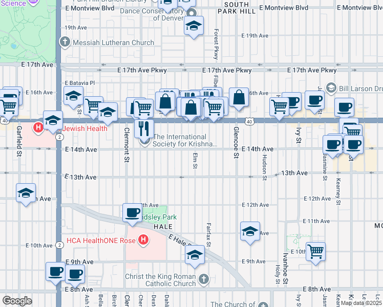 map of restaurants, bars, coffee shops, grocery stores, and more near 1387 Elm Street in Denver
