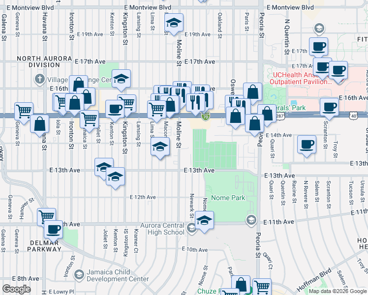 map of restaurants, bars, coffee shops, grocery stores, and more near 1380 North Moline Street in Aurora