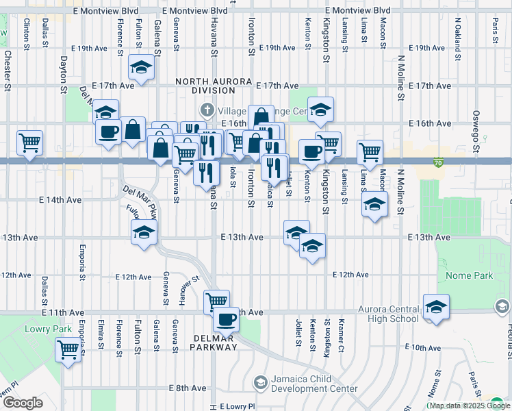 map of restaurants, bars, coffee shops, grocery stores, and more near 1388 Ironton Street in Aurora