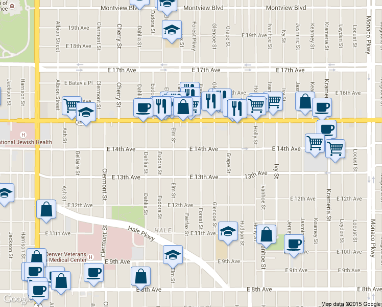 map of restaurants, bars, coffee shops, grocery stores, and more near 1380 Fairfax Street in Denver