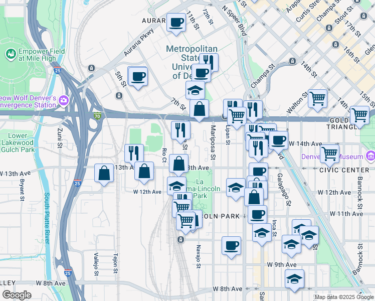 map of restaurants, bars, coffee shops, grocery stores, and more near 1382 Osage Street in Denver