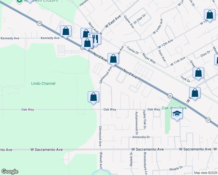 map of restaurants, bars, coffee shops, grocery stores, and more near 1259 Glenn Haven Drive in Chico