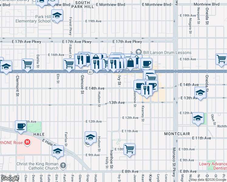 map of restaurants, bars, coffee shops, grocery stores, and more near 5600 East 14th Avenue in Denver