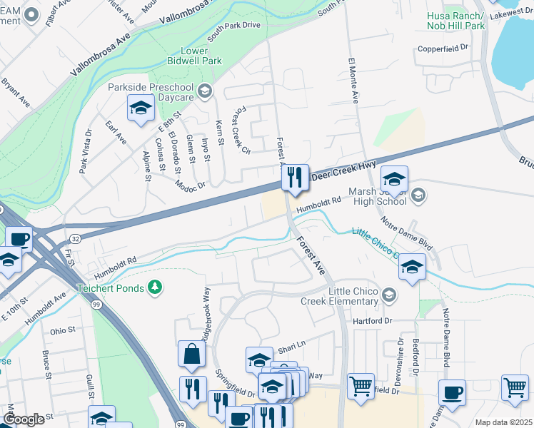 map of restaurants, bars, coffee shops, grocery stores, and more near 17 Hunter Court in Chico
