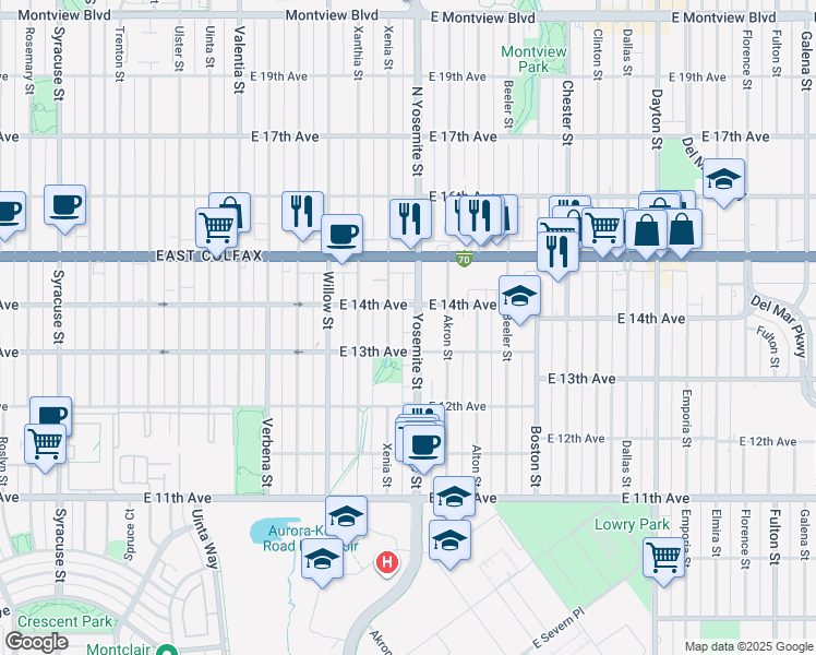 map of restaurants, bars, coffee shops, grocery stores, and more near 1388 Yosemite Street in Denver