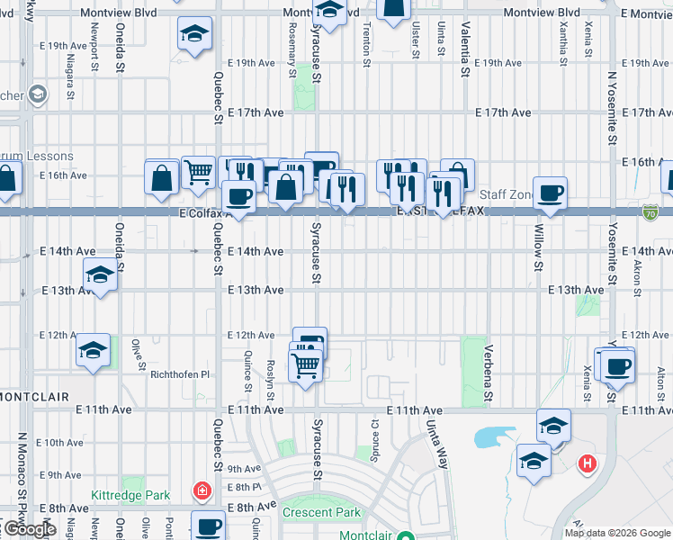 map of restaurants, bars, coffee shops, grocery stores, and more near 1333 Spruce Street in Denver