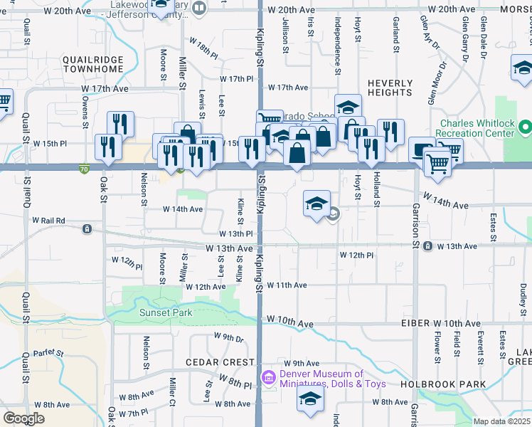 map of restaurants, bars, coffee shops, grocery stores, and more near 1350 Colorado 391 in Lakewood