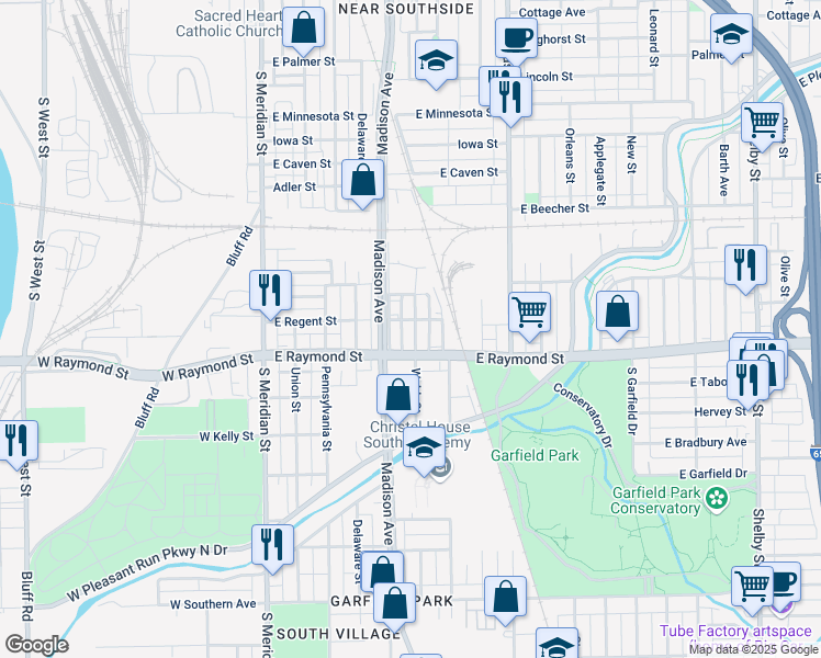 map of restaurants, bars, coffee shops, grocery stores, and more near 2142 Webb Street in Indianapolis