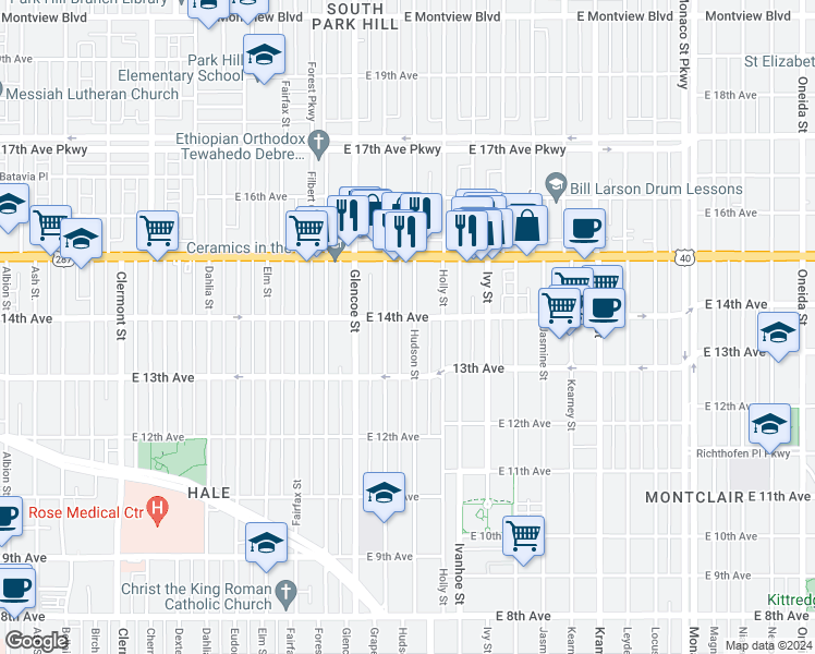 map of restaurants, bars, coffee shops, grocery stores, and more near 1387 Hudson Street in Denver