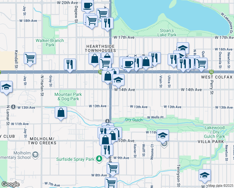 map of restaurants, bars, coffee shops, grocery stores, and more near 1375 Zenobia Street in Denver