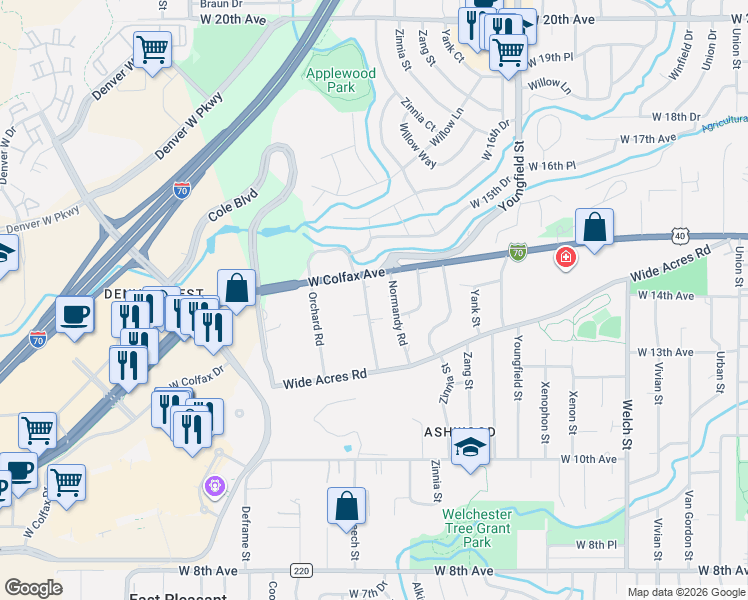 map of restaurants, bars, coffee shops, grocery stores, and more near 1310 Meadow Sweet Road in Golden