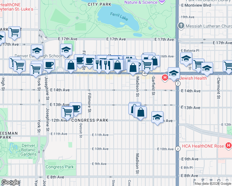 map of restaurants, bars, coffee shops, grocery stores, and more near 1380 Steele Street in Denver