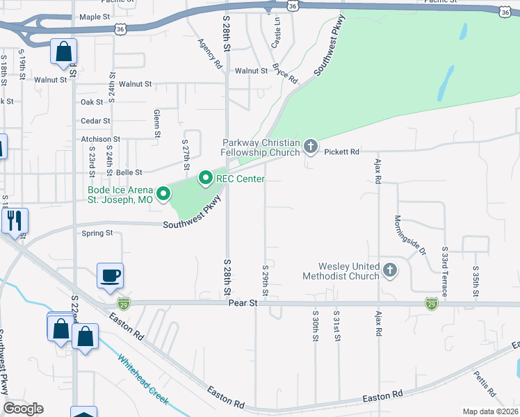 map of restaurants, bars, coffee shops, grocery stores, and more near 2912 South 29th Street in Saint Joseph